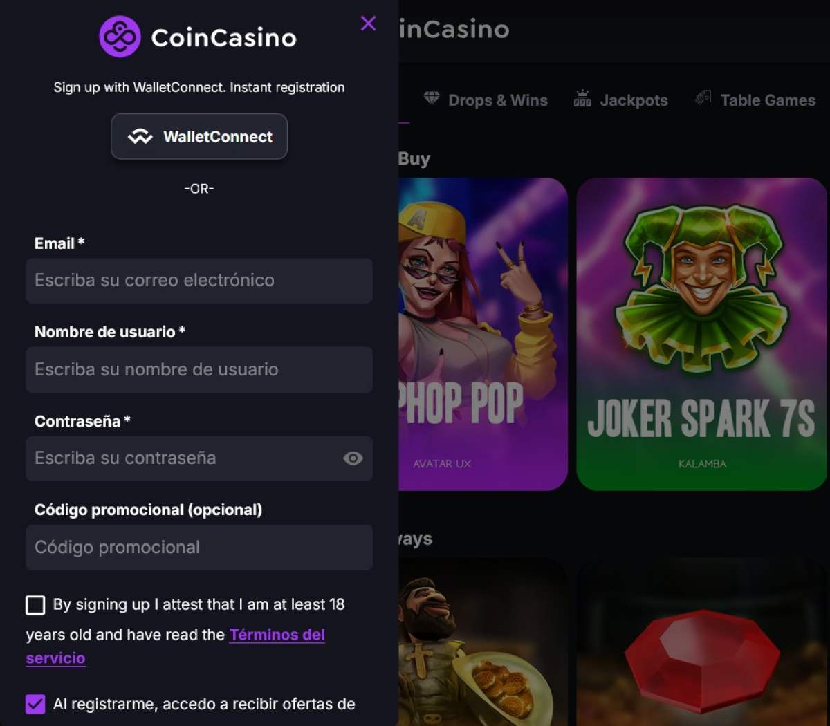 CoinCasino proceso de registro desde Argentina